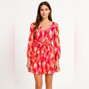 Nicole Miller NY Pleated Mini Dress Size L Multicolor Abstract V-Neck